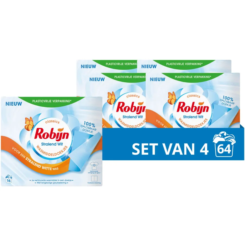 Robijn Classics Stralend Wit Wasmiddeldoekjes - 4 X 16 Wasstrips - Voordeelverpakking - 64 Wasbeurten