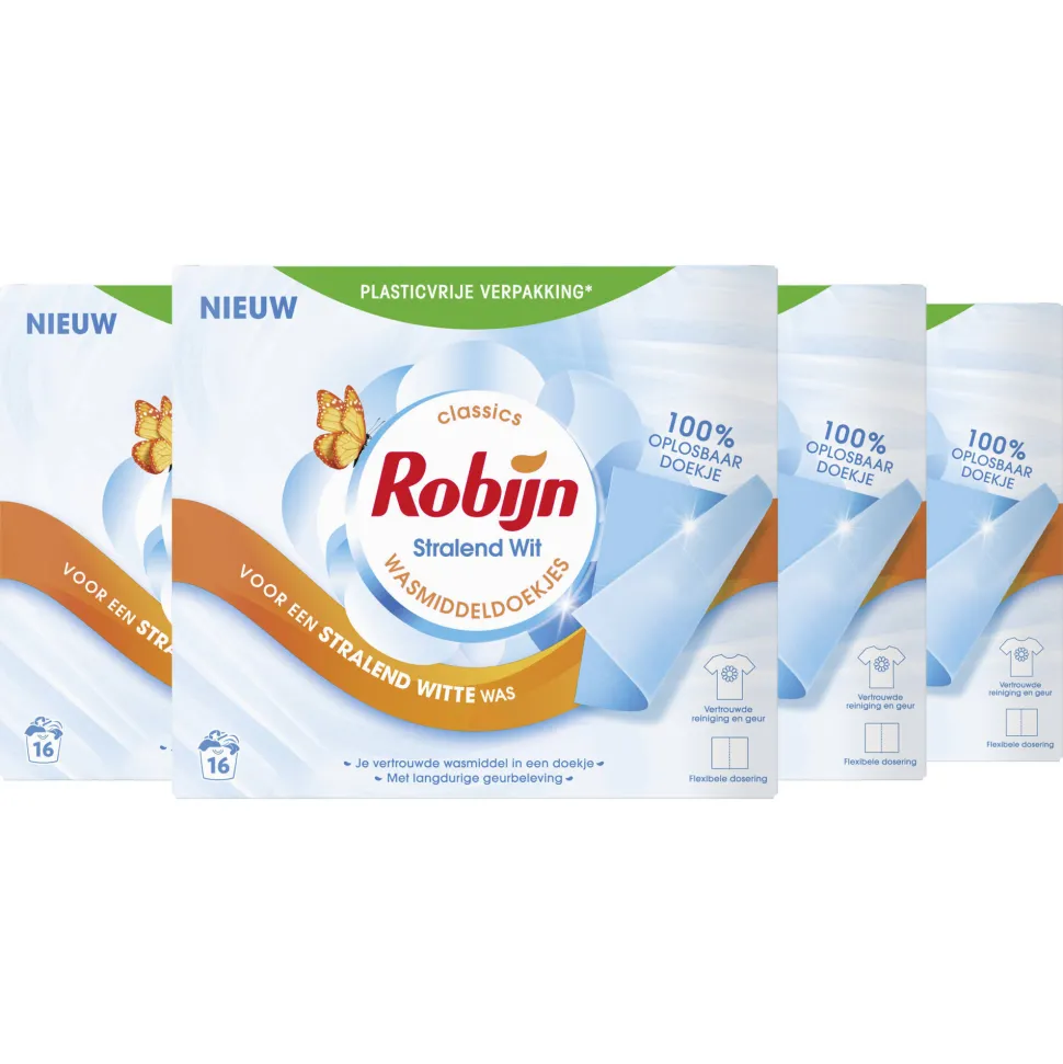 Robijn Classics Stralend Wit Wasmiddeldoekjes - 4 X 16 Wasstrips - Voordeelverpakking - 64 Wasbeurten