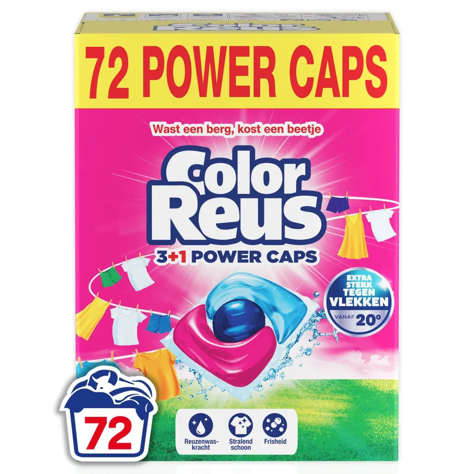 Witte Reus Color Reus 3+1 Power Caps - Wascapsules - Gekleurde Was - Voordeelverpakking - 2 X 36 Wasbeurten - 72 Wasbeurten